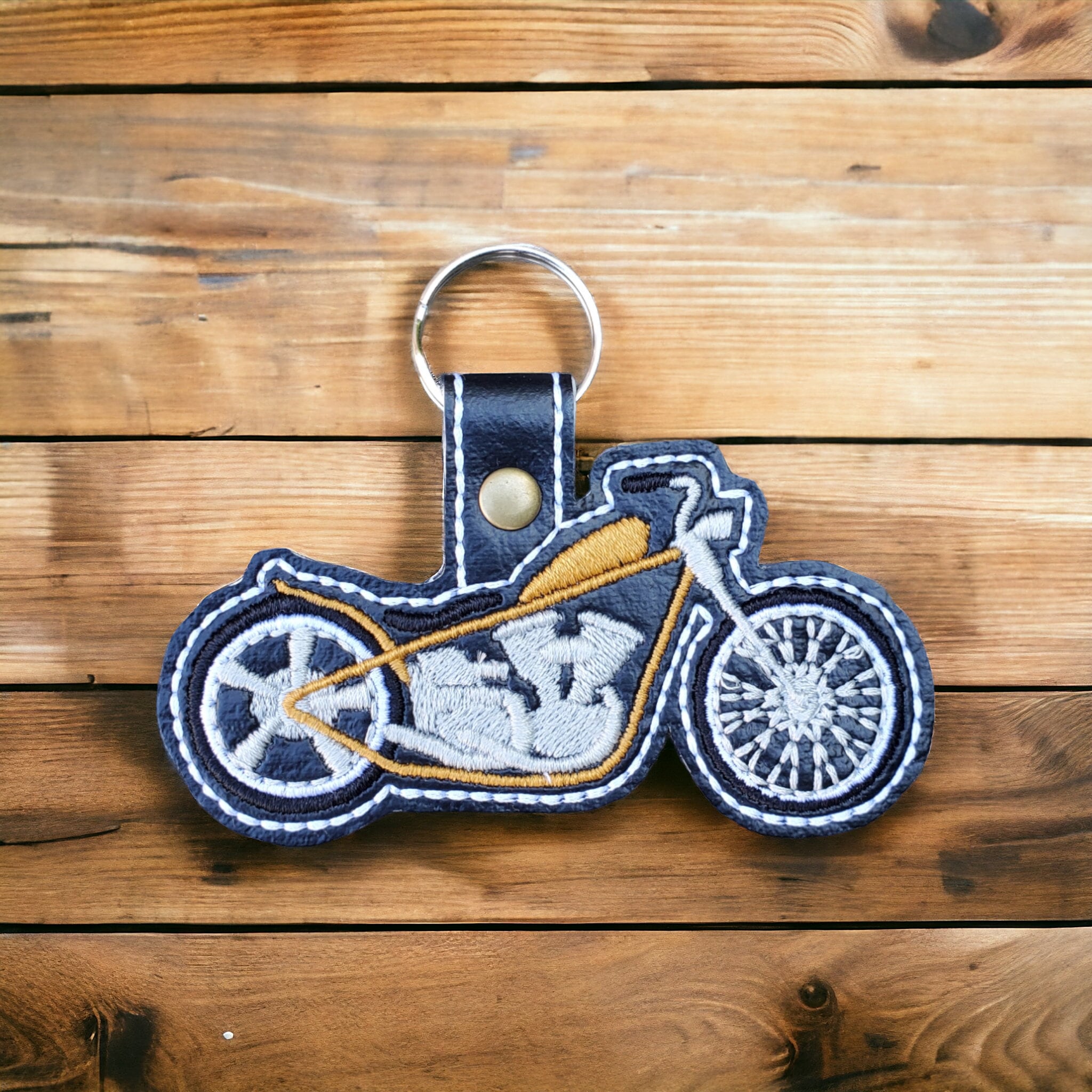 Embroidered Motorbike Key Fob: Vinyl Biker Keychain