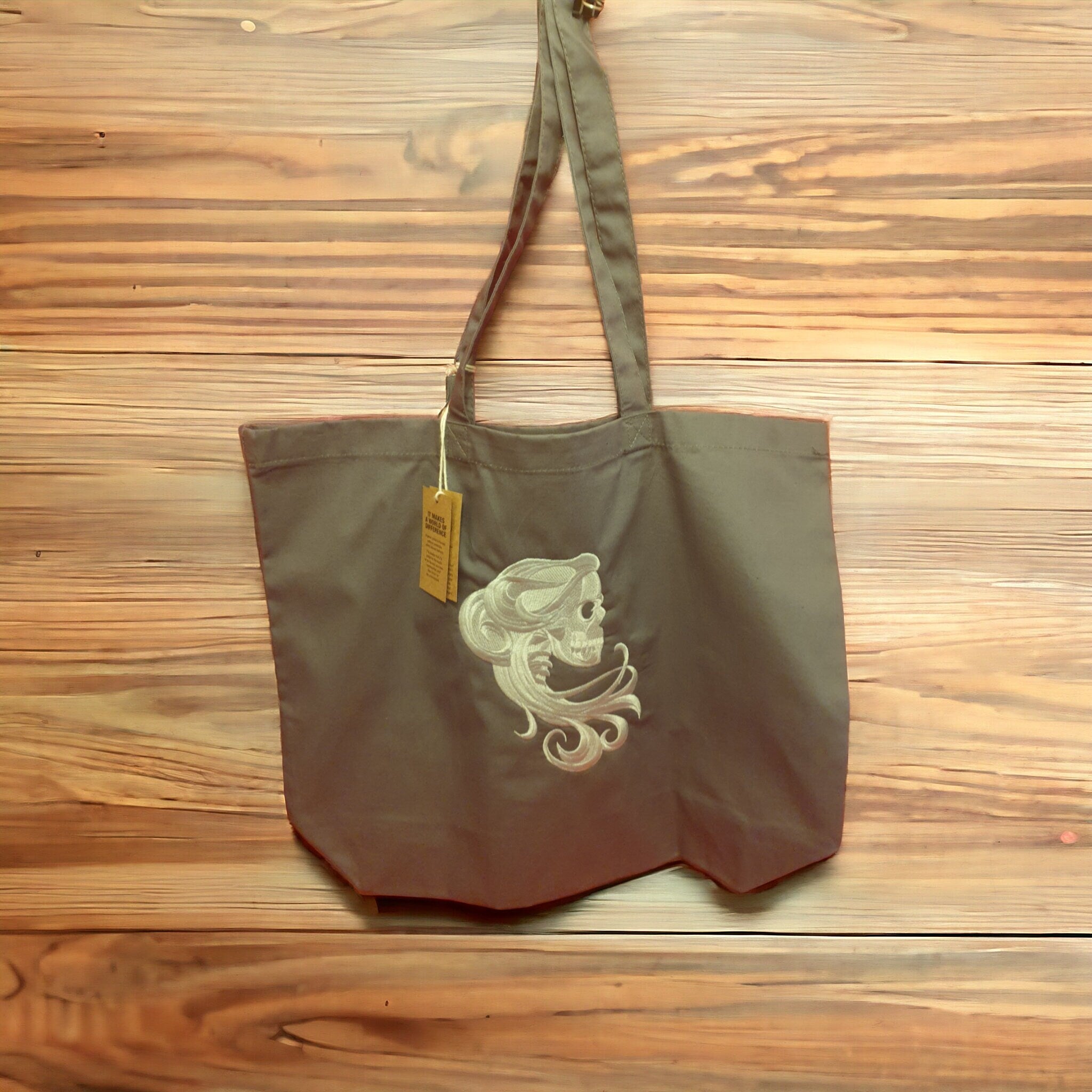 Organic Cotton Tote Bag: Embroidered Gothic Skull Design