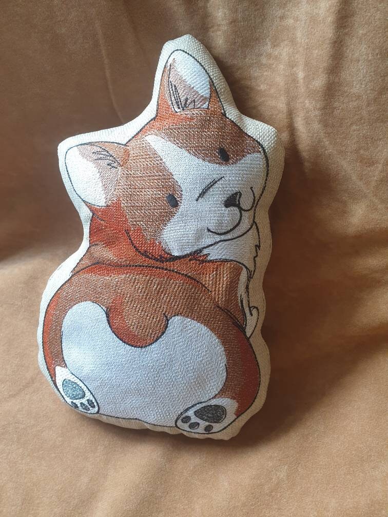 Embroidered Corgi Butt Pillow: Linen Corgi Plush Cushion