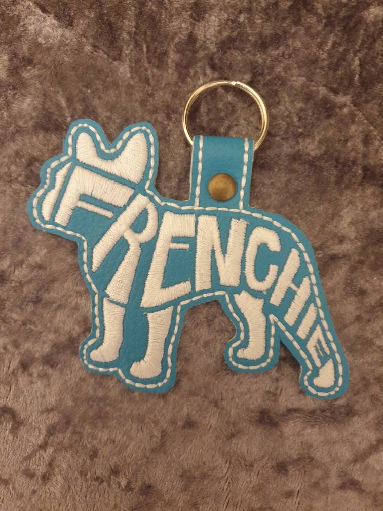 Embroidered Frenchie Keyring: Vinyl Fabric Dog Charm