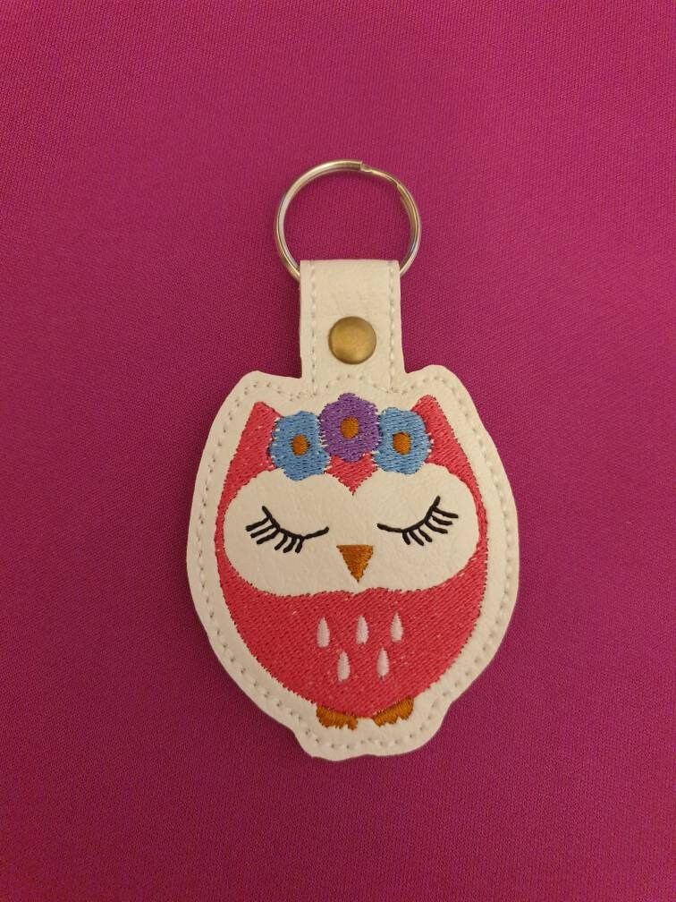 Embroidered Owl Keyring: Vinyl Key Fob, Bag Charm