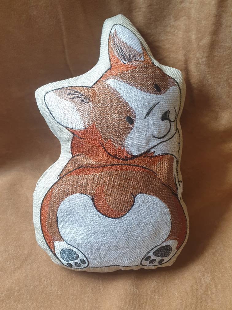 Embroidered Corgi Butt Pillow: Linen Corgi Plush Cushion