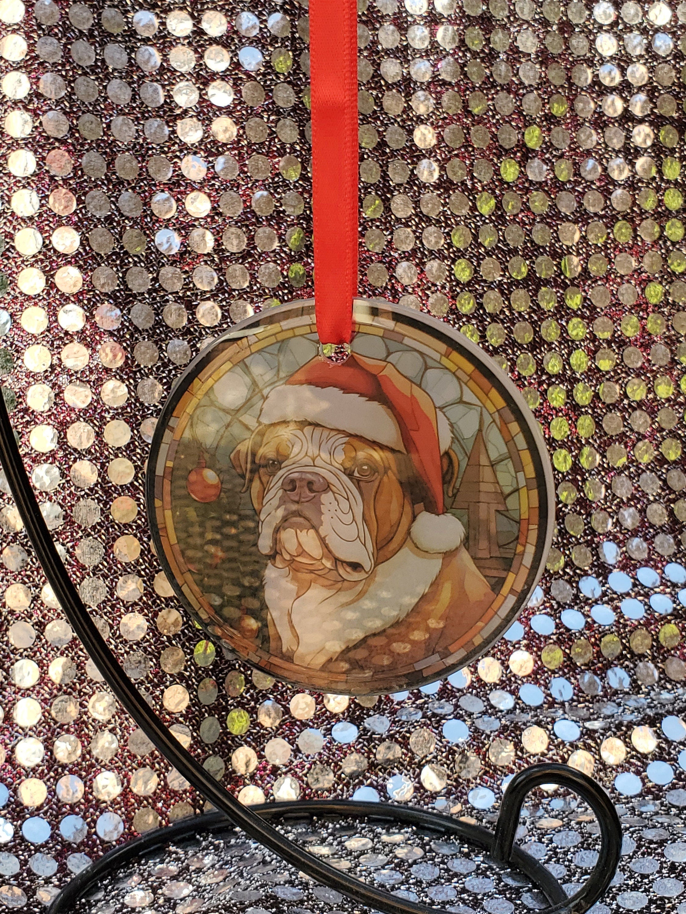 Bulldog Christmas Ornament: Printed Stained Glass Suncatcher