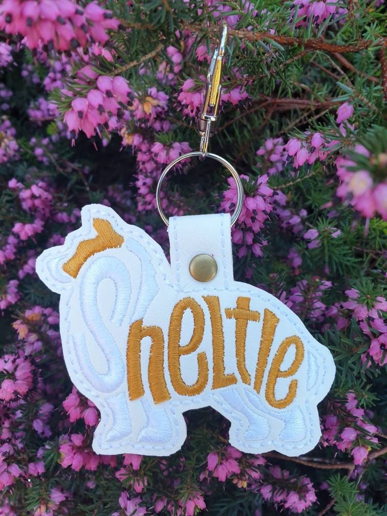Embroidered Sheltie Keyring - Handmade Vinyl Key Fob | Dog Lover Gift UK