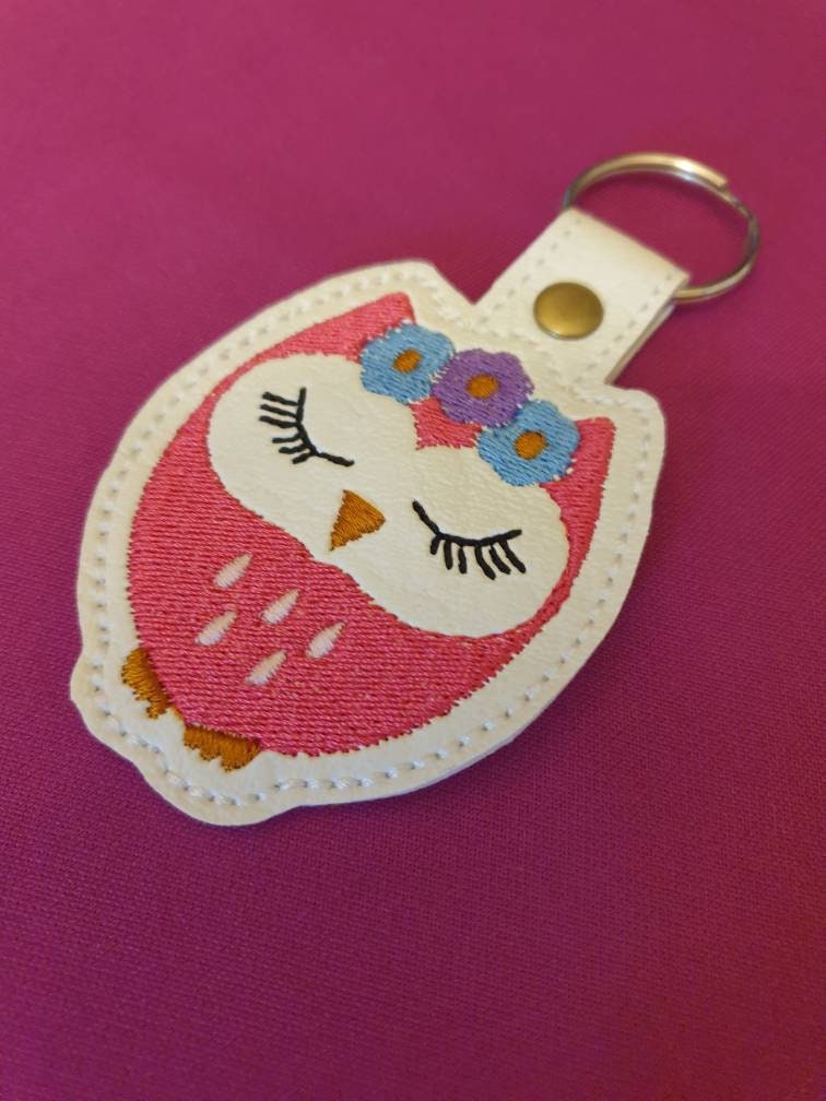 Embroidered Owl Keyring: Vinyl Key Fob, Bag Charm