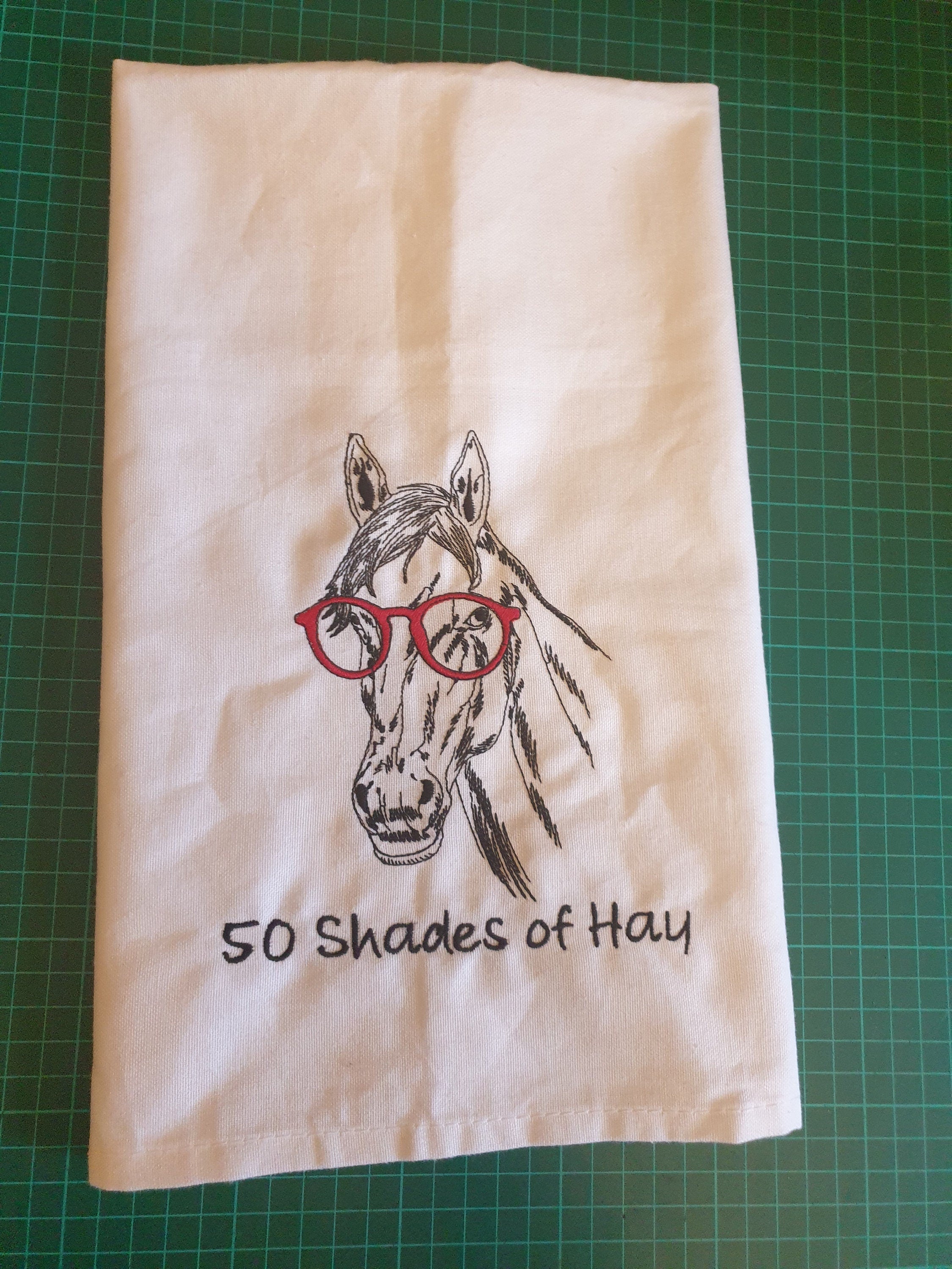 Embroidered Horse Tea Towel - Funny '50 Shades of Hay' Kitchen Gift | Handmade UK