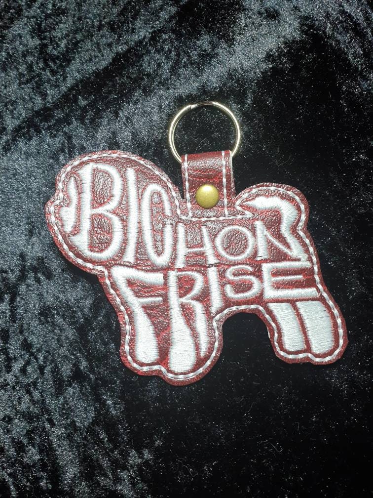 Embroidered Bichon Frise Keyring: Vinyl Dog Key Fob
