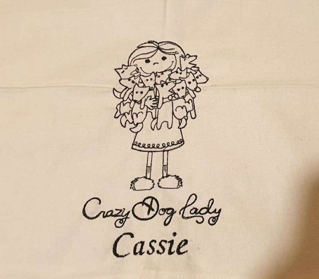 Embroidered Cotton Tea Towel: Crazy Dog Lady Gift