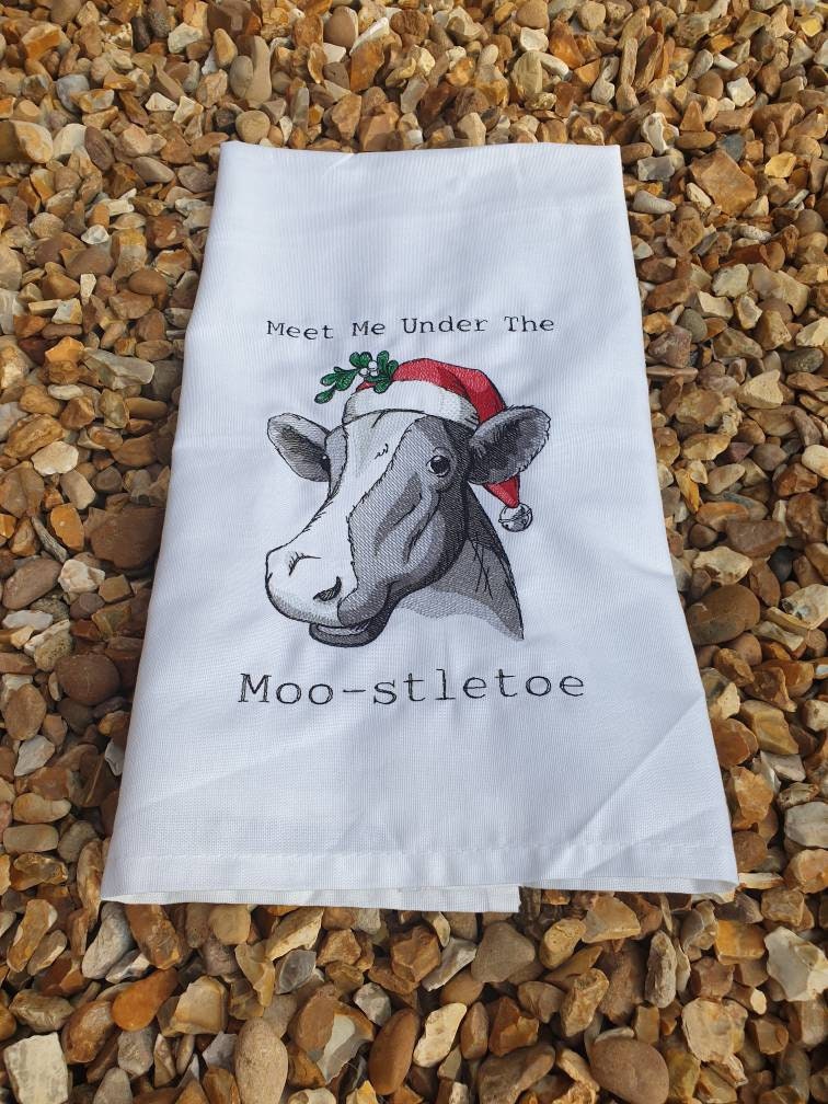Embroidered Christmas Cow Tea Towel: Funny Holiday Dish Cloth