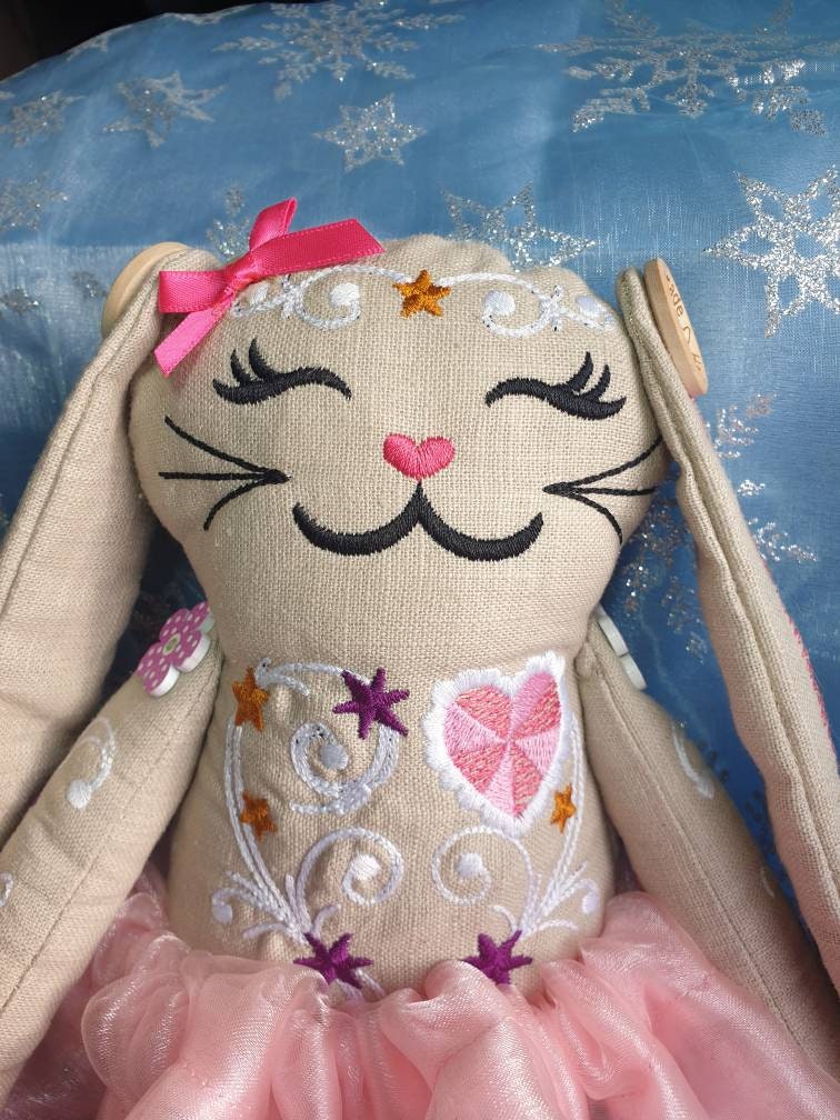 Personalized Embroidered Linen Bunny Doll: Handmade Keepsake (15 inch)