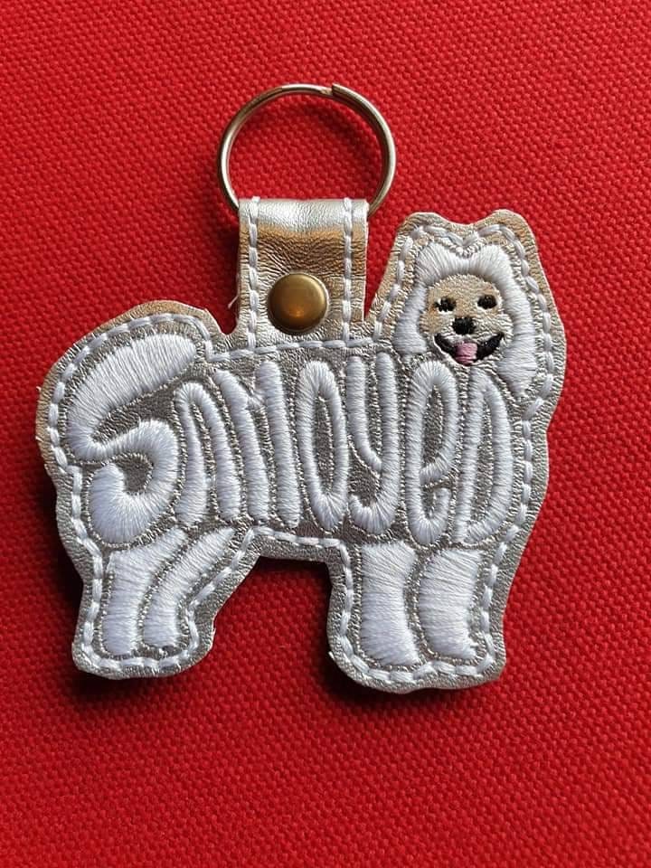 Embroidered Samoyed Keyring: Vinyl Dog Key Fob