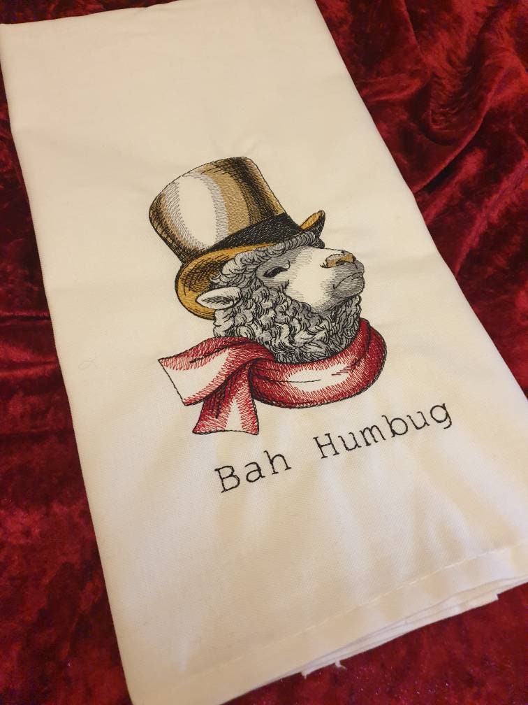 Embroidered Sheep Tea Towel: Funny Christmas Dish Cloth