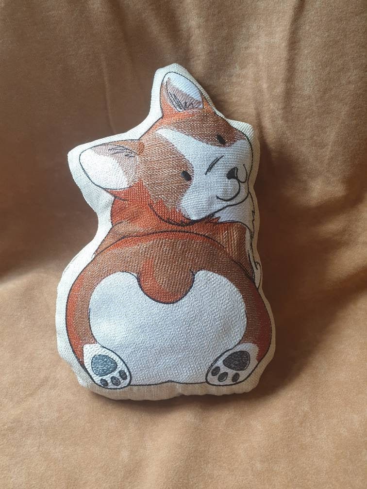 Embroidered Corgi Butt Pillow: Linen Corgi Plush Cushion