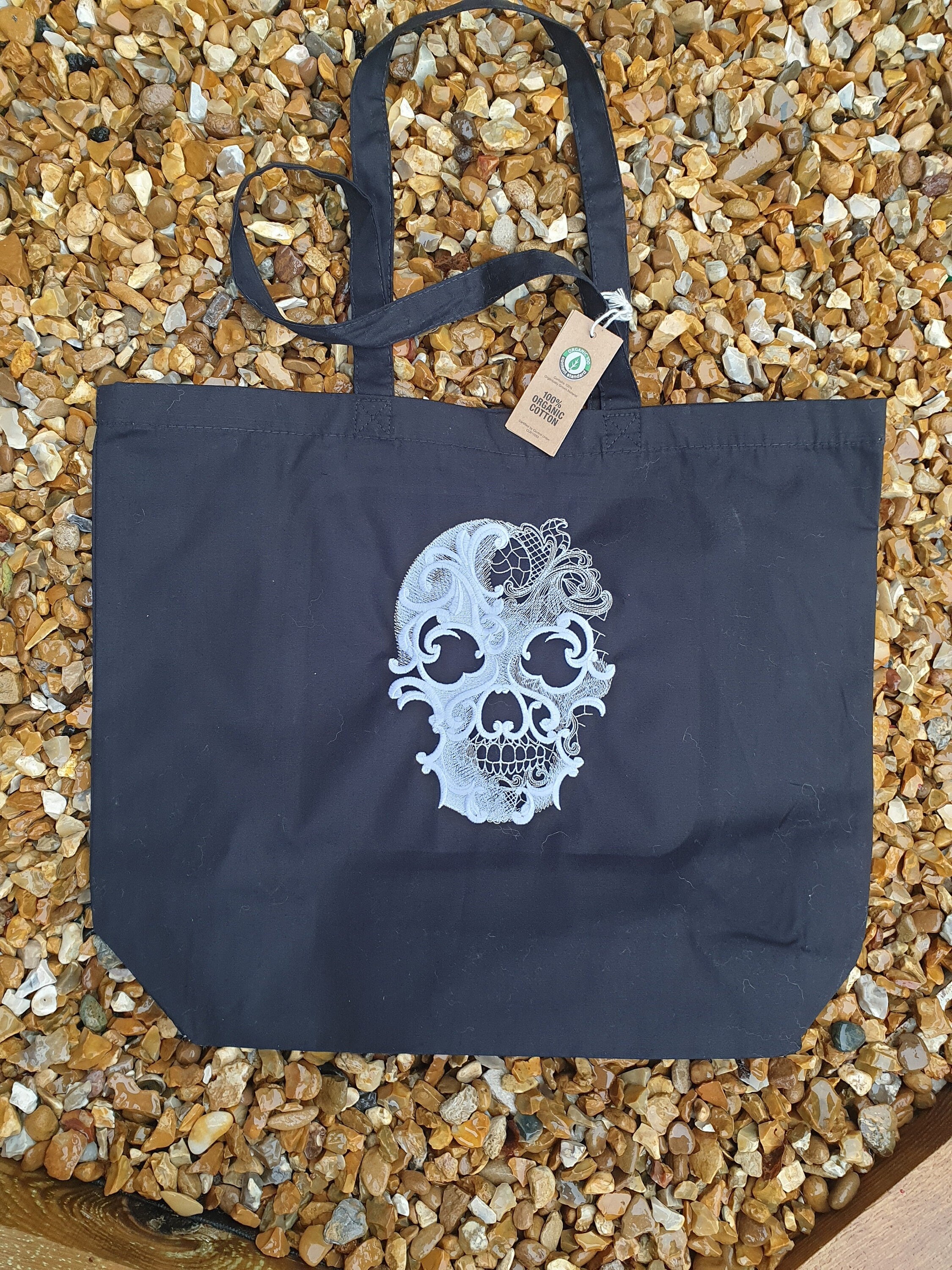Embroidered Skull Organic Cotton Tote Bag: Gothic Shopping Bag