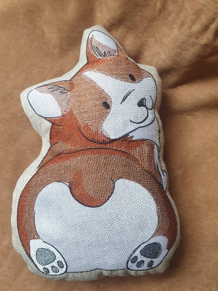 Embroidered Corgi Butt Pillow: Linen Corgi Plush Cushion