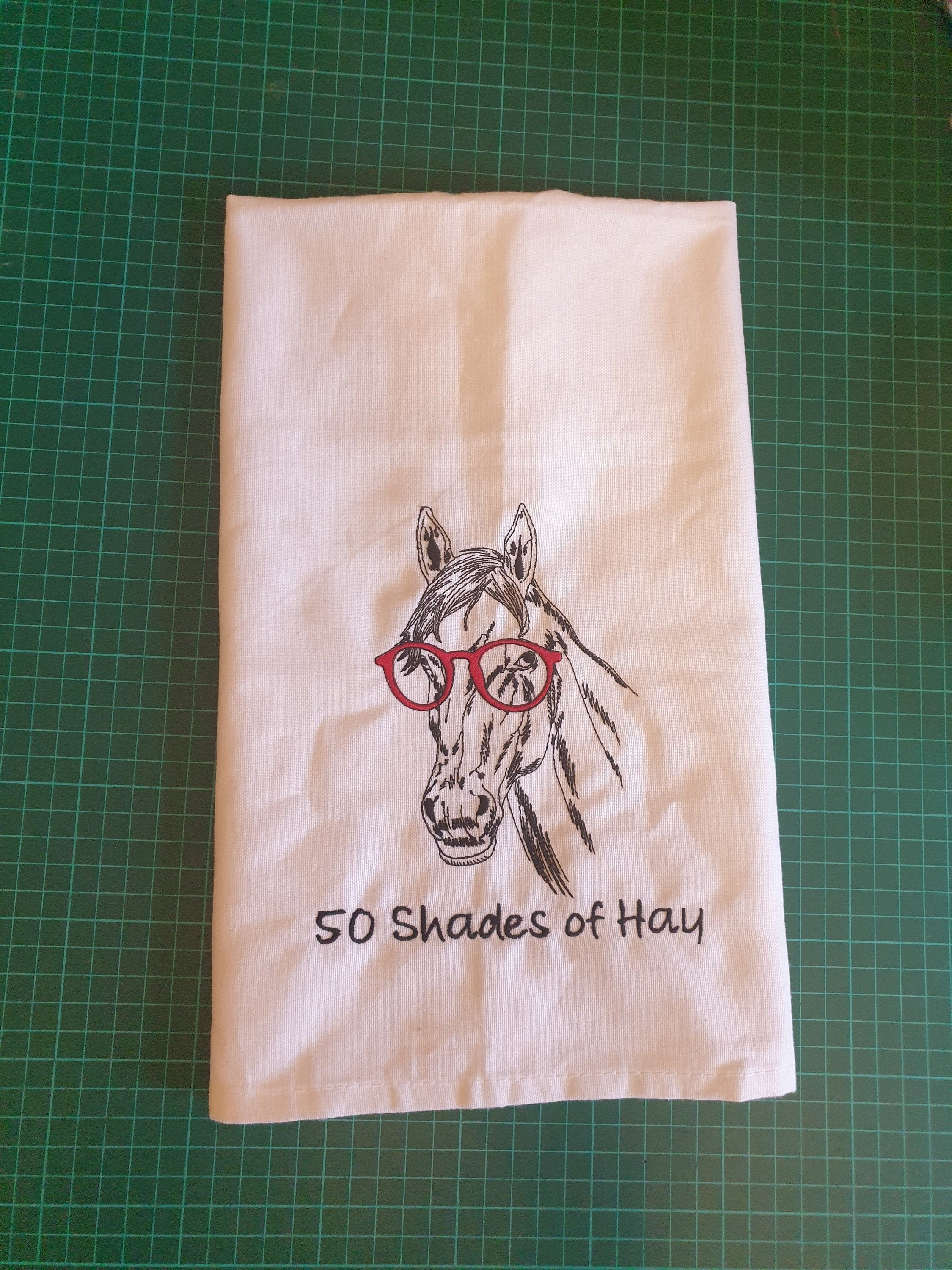 Embroidered Horse Tea Towel - Funny '50 Shades of Hay' Kitchen Gift | Handmade UK