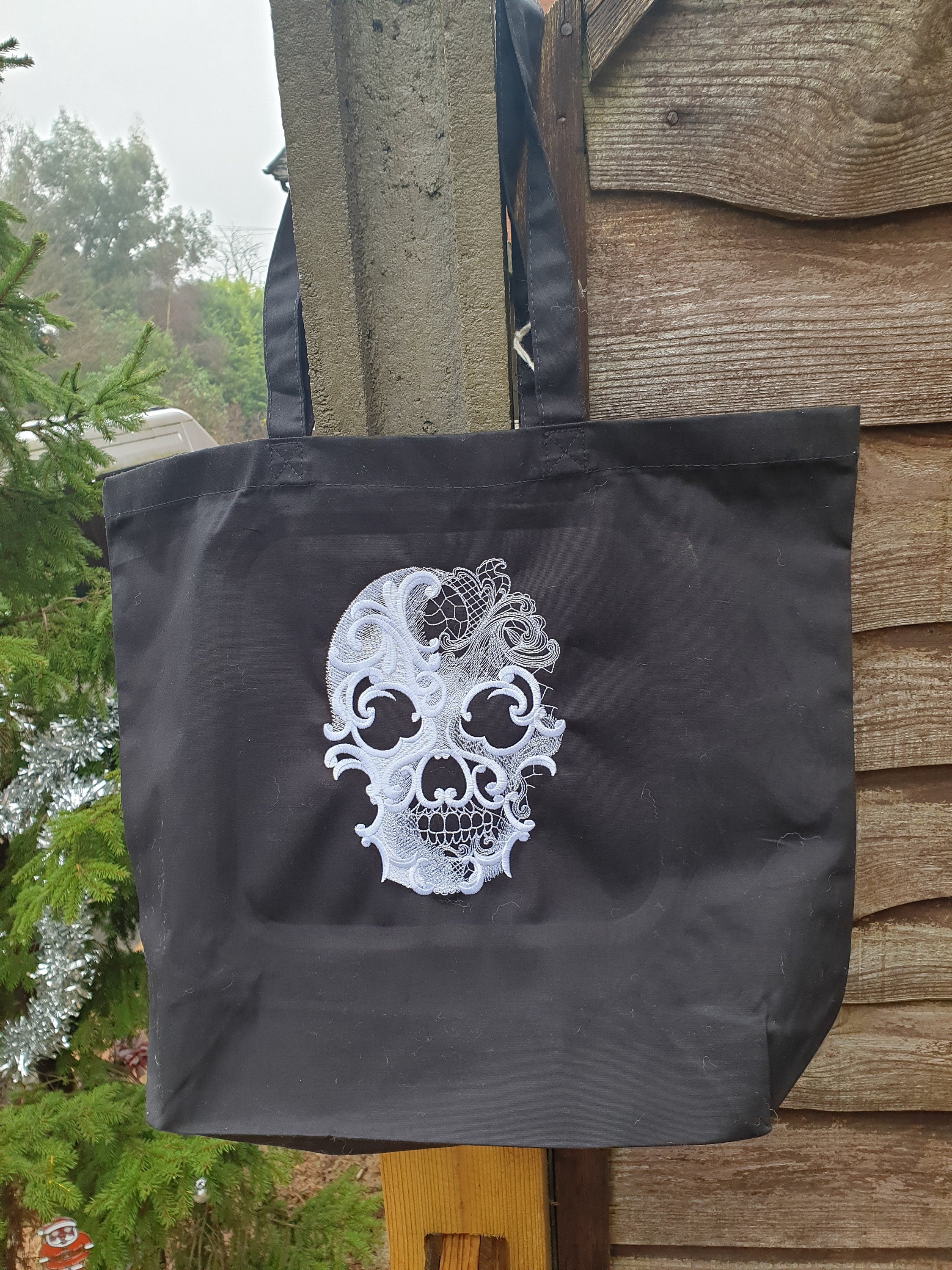Embroidered Skull Organic Cotton Tote Bag: Gothic Shopping Bag