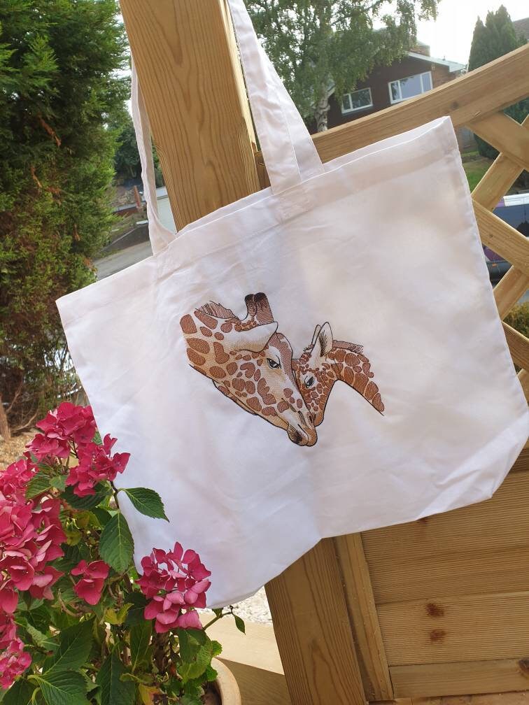 Embroidered Giraffe Organic Cotton Tote Bag - Mother and Baby Design