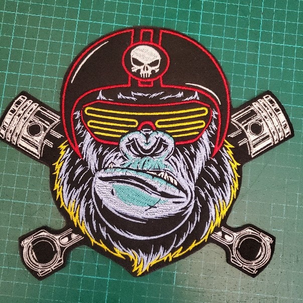 Large Gorilla Biker Embroidered Patch: Iron On / Sew On