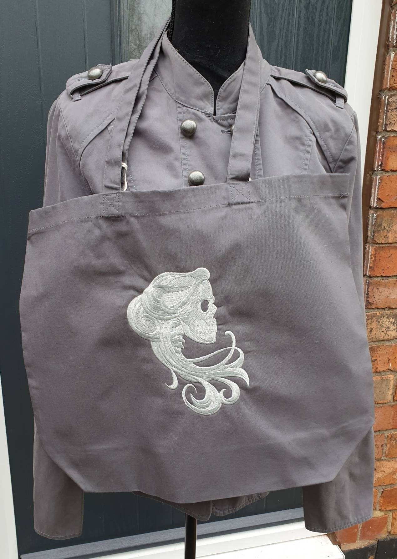 Organic Cotton Tote Bag: Embroidered Gothic Skull Design