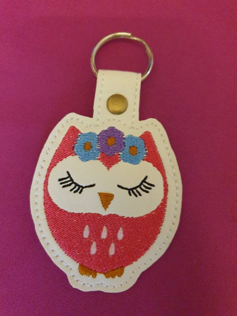 Embroidered Owl Keyring: Vinyl Key Fob, Bag Charm