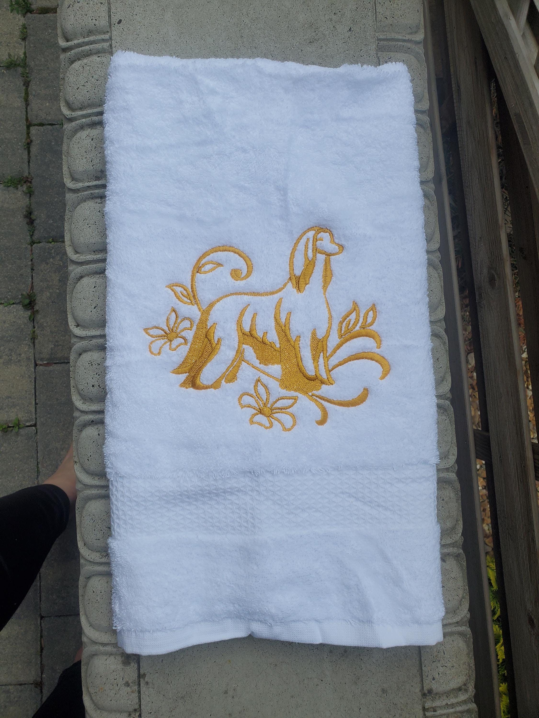 Embroidered Afghan Dog Hand Towel: Gold Accent Gift