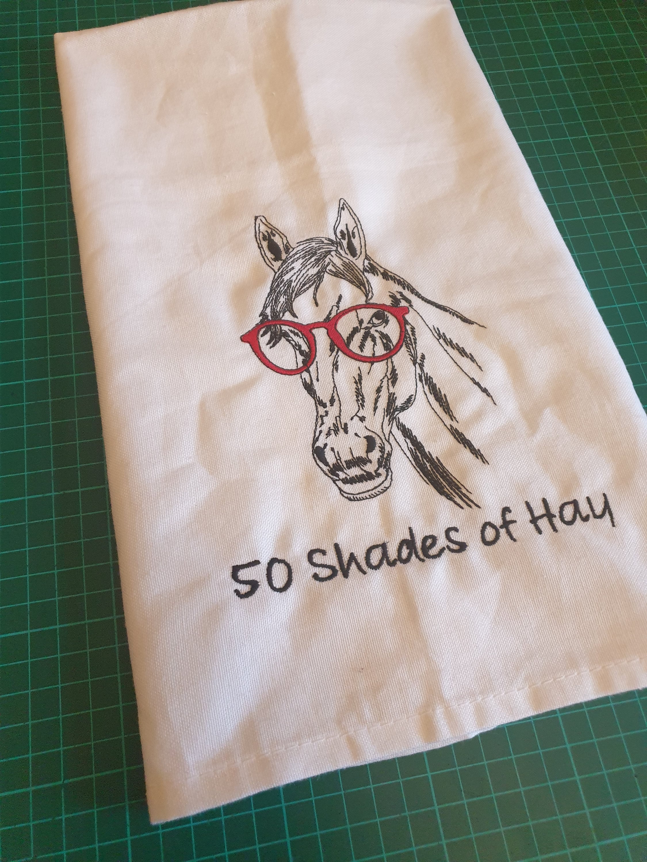 Embroidered Horse Tea Towel - Funny '50 Shades of Hay' Kitchen Gift | Handmade UK