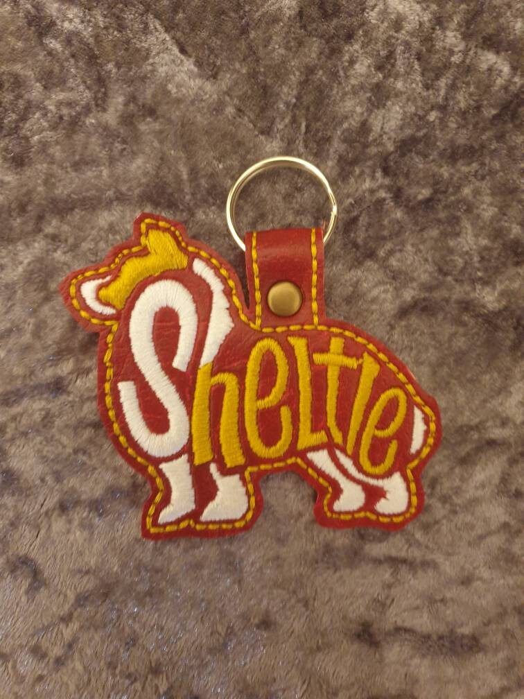 Embroidered Sheltie Keyring - Handmade Vinyl Key Fob | Dog Lover Gift UK