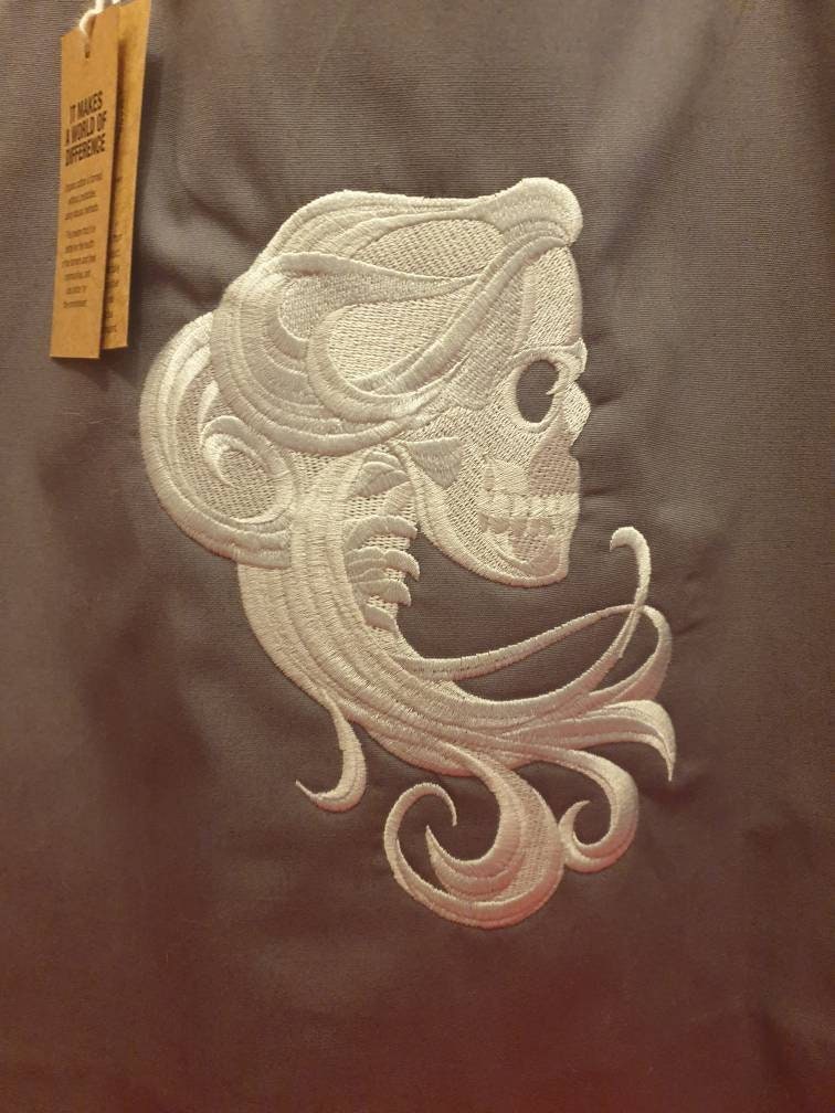 Organic Cotton Tote Bag: Embroidered Gothic Skull Design