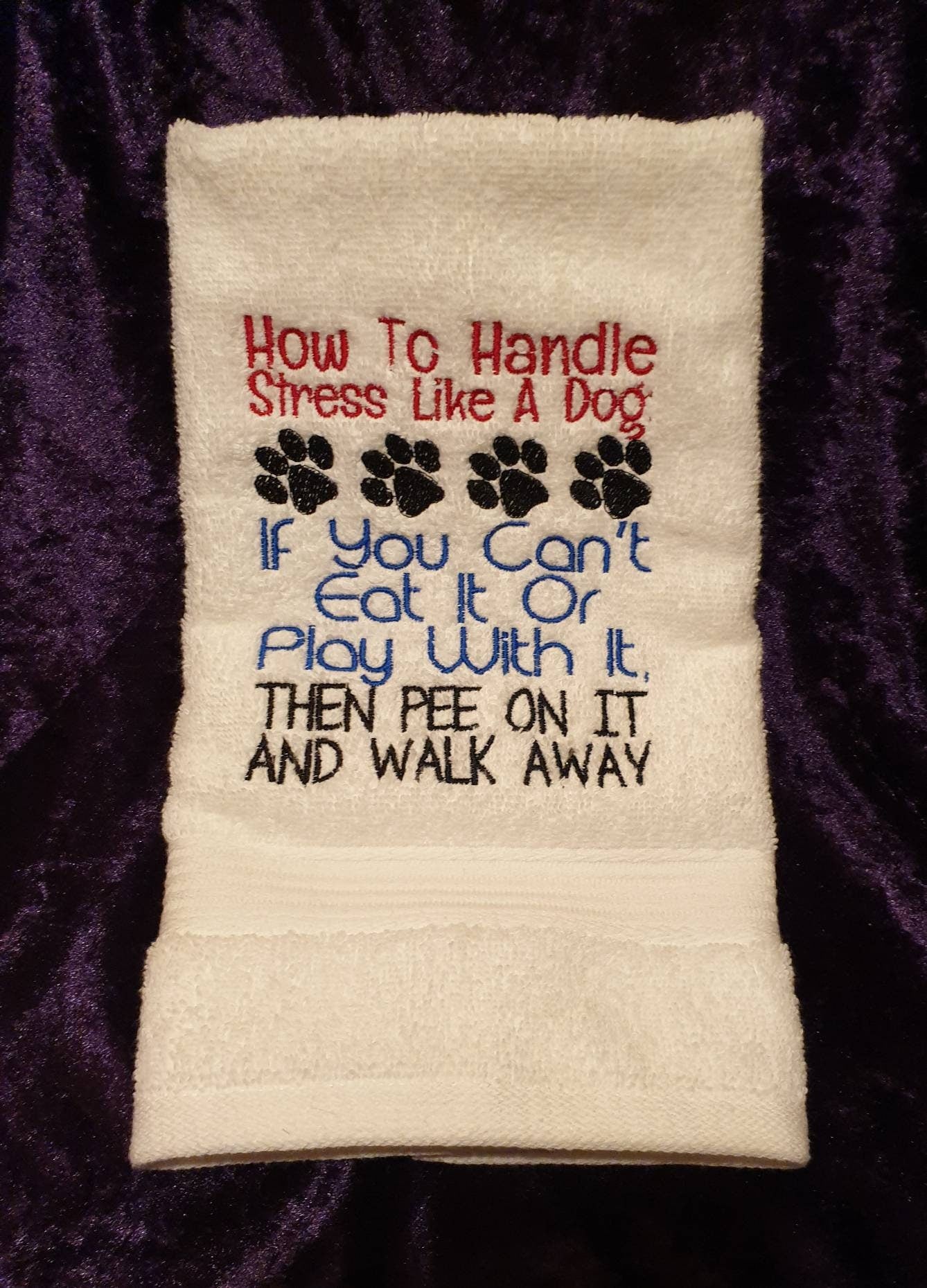 Funny tea towel , dish cloth , quirky , embroidered dog towel , paw prints