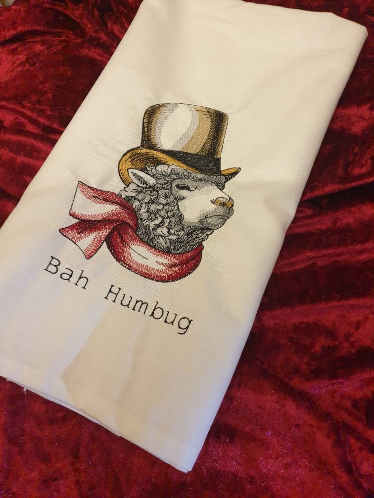 Embroidered Sheep Tea Towel: Funny Christmas Dish Cloth