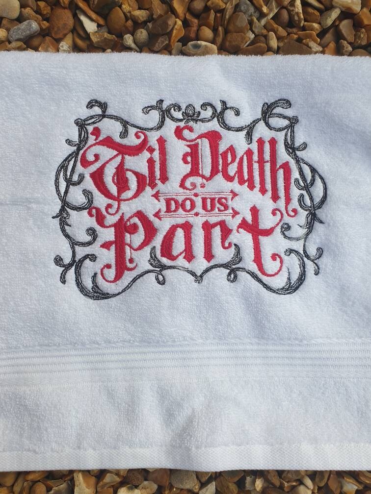 Embroidered Wedding Towel - Till Death Do Us Part | Gothic Wedding Gift UK