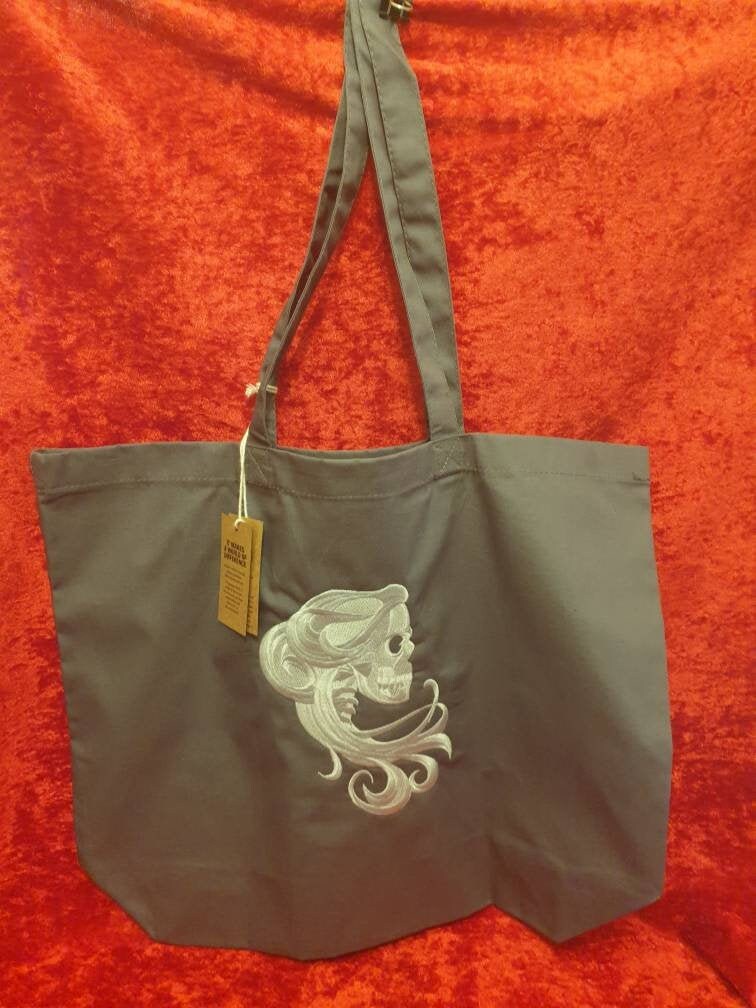 Organic Cotton Tote Bag: Embroidered Gothic Skull Design